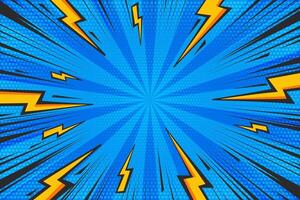 Cartoon comic background with lightnings. Pop art graphic with halftone effect and radial thunders. Blue abstract illustration with flash light and speed lines frame. vector