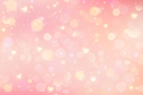 Lovely pink background with hearts and bokeh. Cute romantic sky with light glitter and sparkles. Abstract pastel Valentine Day blurred wallpaper. Girly fairy fantasy backdrop.