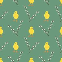 Seamless pattern of cute little chick and willow branches with furry willow-catkins . Easily changeable background color vector