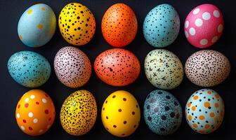 A row of colorful eggs with polka dots and stripes. The eggs are arranged in a line, with some being larger than others. The eggs are painted in various colors, including yellow, blue, and pink photo