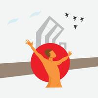 a man is standing on a red circle with birds flying around him vector