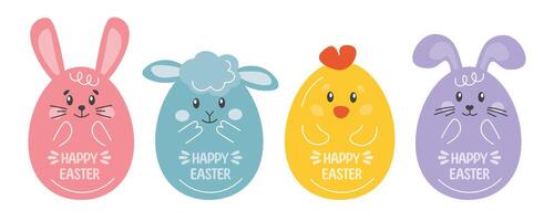 Easter symbols, cute funny colored eggs isolated on white background. Easter eggs characters, bunny, sheep, chicken. vector