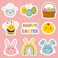 Easter sticker bundle with bunny, egg, spring flowers. Easter holiday design elements set. Happy Easter typography message with festive rabbit, bunny eggs, basket, bee, rainbow in cute childish style. vector