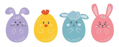 Easter eggs characters, bunny, sheep, chicken. Easter symbols, cute funny colored eggs isolated on white background. vector