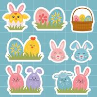 Easter sticker bundle with bunny, egg, spring flowers. Easter holiday design elements set. Happy Easter typography message with festive rabbit, eggs, basket, chicken, rainbow in cute childish style. vector