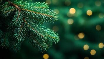 A green tree branch with a few leaves and a few lights in the background. The lights are blurry and create a sense of movement and depth photo