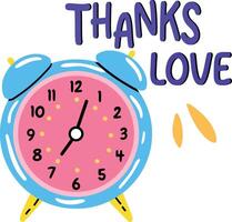 A flat sticker of an alarm clock with thanks love typography vector