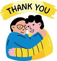 A flat sticker of two character hugging with thank you typography vector