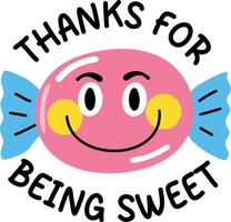 A flat sticker of a toffee with thanks for being sweet typography vector