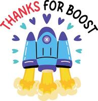 A flat sticker of a spacecraft with thanks for boost typography vector
