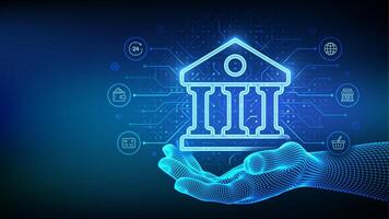 Bank icon in wireframe hand. Online banking service application. Money transaction, e-commerce. Finance and banking global internet connection. Financial transaction. API Fintech. illustration. vector
