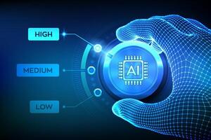 AI. Artificial intelligence. Increase the use of artificial intelligence and automation technology. Neural networks. Wireframe hand setting a level knob button on highest position. vector