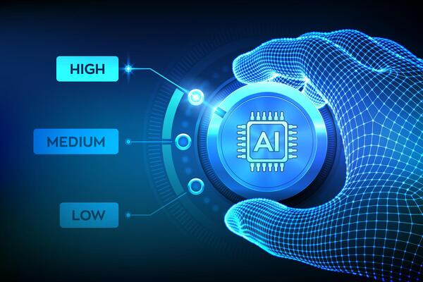 AI. Artificial intelligence. Increase the use of artificial intelligence and automation technology. Neural networks. Wireframe hand setting a level knob button on highest position.