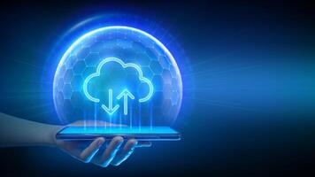 Cloud computing technology concept. Secure cloud storage. Secure data exchange via smartphone. Cloud icon inside transparent protection sphere shield with hexagon pattern. Data protection. . vector