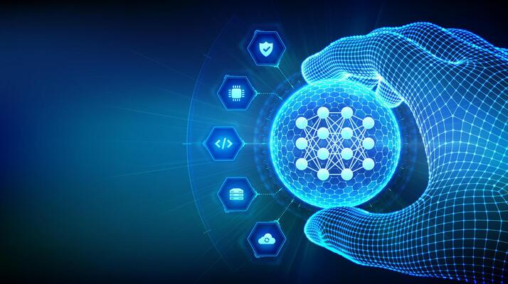 Neural network technology concept in the shape of sphere with hexagon pattern in wireframe hand. AI. Artificial Intelligence. Machine Learning. Deep learning. Big data analysis. illustration.