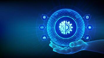 Machine learning. AI Artificial Intelligence. Data mining, Big Data, algorithm, neural network. 3D sphere with surface of hexagons with Machine learning icon in wireframe hand vector