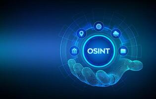 Open source intelligence. OSINT icon in wireframe hand. Open data access. Open source analysis. Cyber analytics. Data gathering. Open data database. illustration. vector