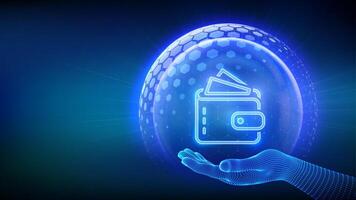 Secure Digital Wallet. Online banking. Safety payments. Secure transactions. Personal financial data protection. Glass transparent sphere with surface of hexagons with Wallet icon in hand. . vector