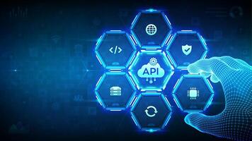API. Application Programming Interface. Software development tool, cloud computing technology concept. Wireframe hand places an element into a composition visualizing API. illustration. vector