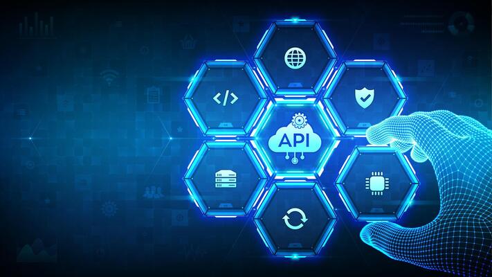 API. Application Programming Interface. Software development tool, cloud computing technology concept. Wireframe hand places an element into a composition visualizing API. illustration.