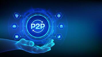 Peer to peer icon in wireframe hand. P2P payment and online model for support or transfer money. Peer-To-Peer technology concept on virtual screen. illustration. vector