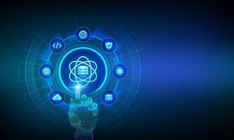 Data Science. Artificial intelligence, Analysis. Deep learning. Big data. Machine learning. Computer science technology concept. Wireframe hand touching digital interface. illustration. vector