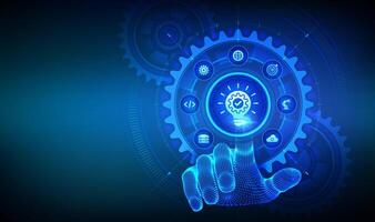 Innovation. Business innovative idea and solution technology concept. Creative Idea. Brainstorming. Creative Thinking. Hand touching digital interface with connected gears cogs and icons. . vector