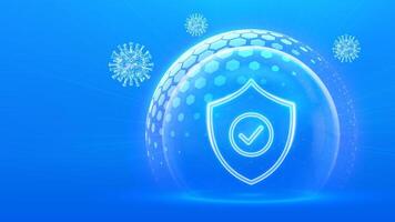 Virus protection. Healthcare. Vaccination. Virus cell. Antibiotic. Protection shield with Check mark icon inside transparent sphere shield with hexagon pattern on blue background. illustration. vector