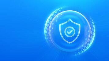 Protection. Healthcare. Insurance. Cyber security. Network safety. Protection shield with Check mark icon inside transparent sphere shield with hexagon pattern on blue background. vector