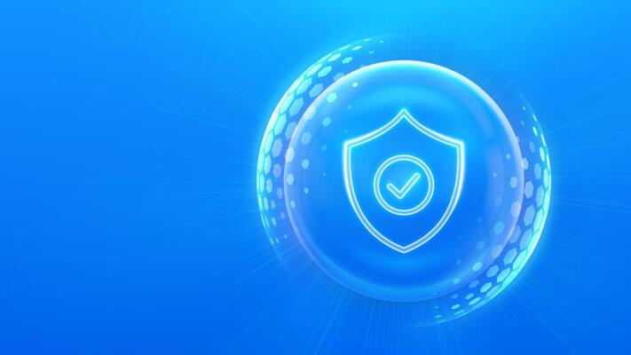 Protection. Healthcare. Insurance. Cyber security. Network safety. Protection shield with Check mark icon inside transparent sphere shield with hexagon pattern on blue background.