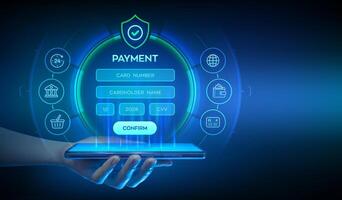 Online payment concept. Online banking digital technology. Online payment via banking application using smartphone. Online shopping. Financial transaction. Smartphone in hand. illustration. vector