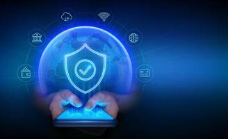 Cyber security and protection smartphone. Protection shield with Check mark icon. Secure internet connection, vpn, encryption. Personal data protection. Earth planet globe. Smartphone in hands. vector