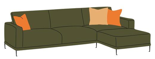 Green sectional sofa with orange pillows. The sofa is long corner and has a retro mid century modern design. vector