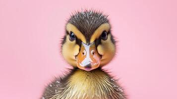 A duckling is standing in front of a pink background photo