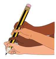 Different multiracial hands holding big pencil and writing, drawing together. Unity and diversity concept. vector