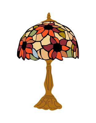 A lamp with a stained glass shade on a wooden base