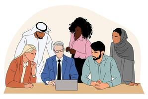 Diverse group of business people sitting around a table with laptop open. They are all looking at the screen and working together. Scene is collaborative and focused vector