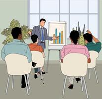 A man is giving a presentation to a group of people in a conference room. The people are sitting in chairs and listening to the presentation vector