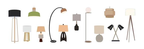 Collection of different lamps, floor, table lamps isolated on white background vector
