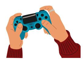 Hands holding game controller. Joystick is blue and has a black face. The person is wearing a red sweater. vector