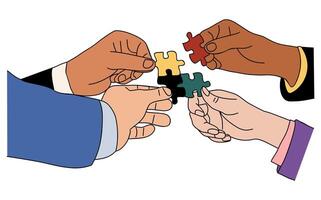 Hands of different business people holding, connecting puzzle pieces. Teamwork, cooperation business concept. vector