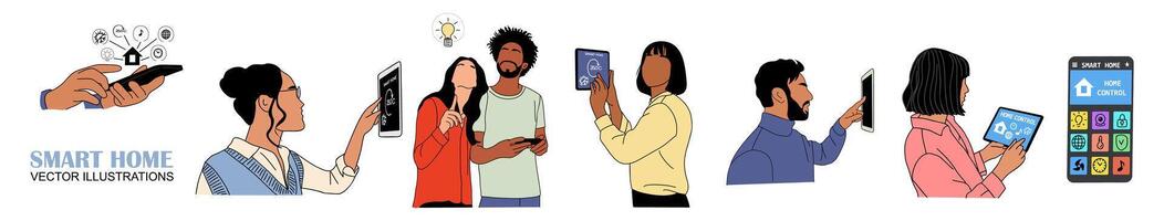 People using smart home control panel isolated vector