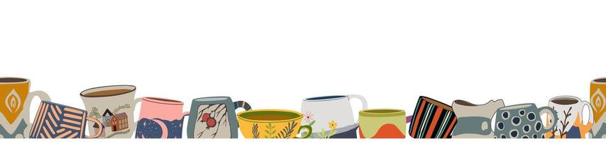 A row of mugs and cups in different colors vector