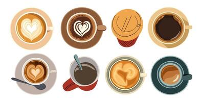 Set of different coffee cups top view, espresso, cappuccino, latte with milk foam in heart shape, disposable paper takeaway coffee cup with lid, americano in mug vector