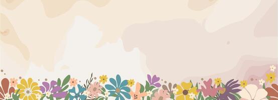 A colorful field with flowers and leaves on watercolor background vector