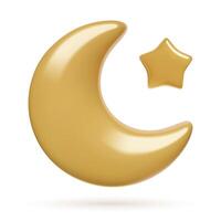 3d gold crescent moon and star illustration isolated on white background vector