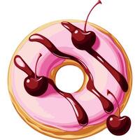 Cherry Donut with Pink Frosting Drizzled with Deep Cherry Red Glaze and Decorated with Cherries vector