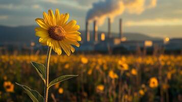 A sunflower in a field with smoke stacks in the background photo