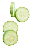 Fresh green cucumber slices in circle shape in stack isolated on white background with clipping path photo