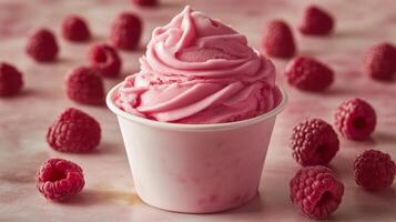 A cup of pink ice cream surrounded by raspberries photo